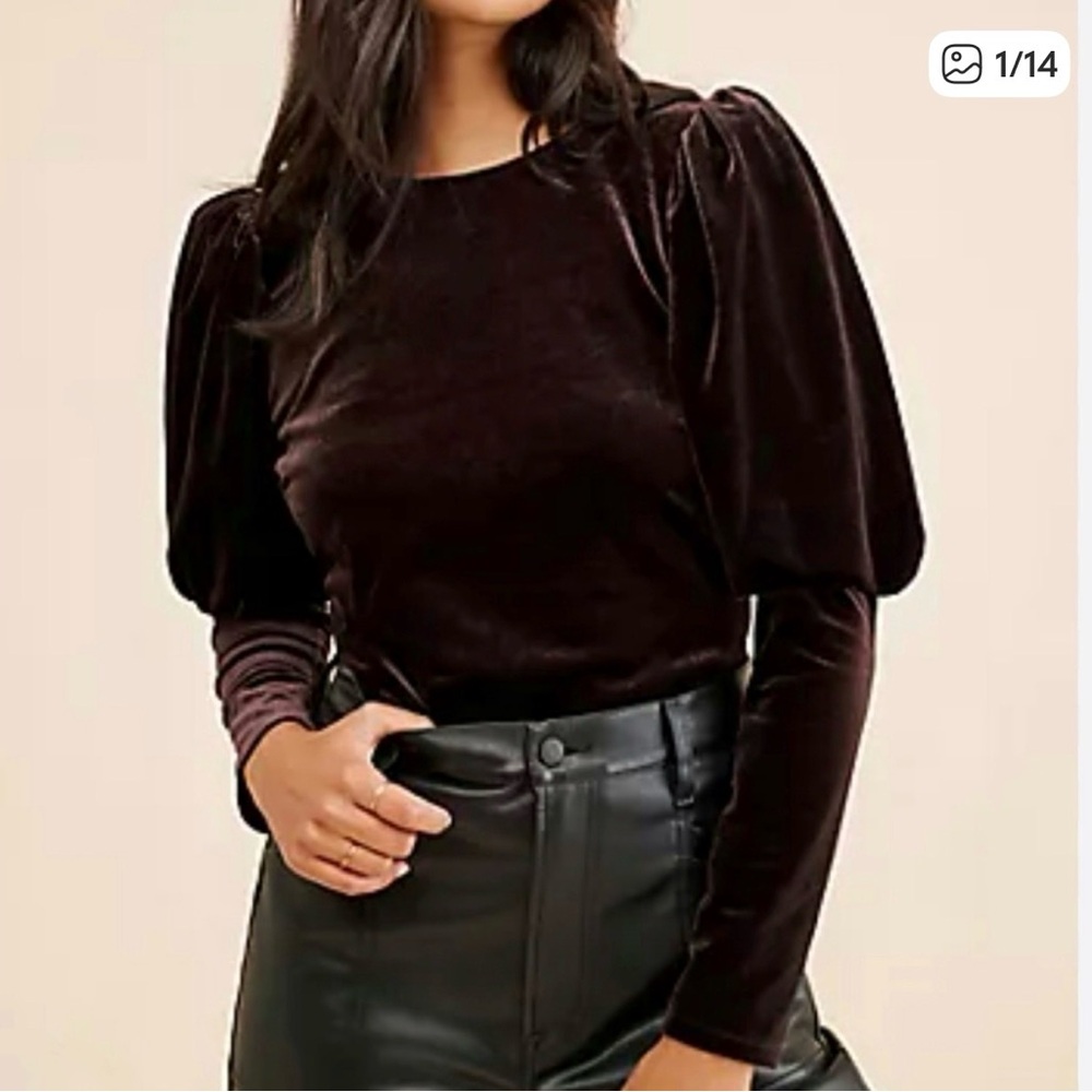 Anthropologie : Sunday in Brooklyn Velvet Puff Sleeve Blouse - Deep Brown